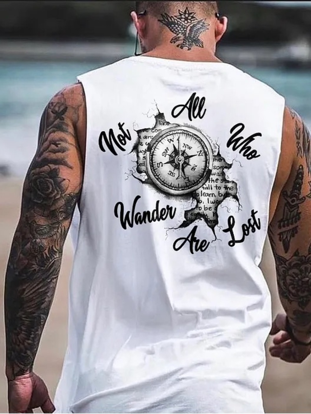 Men's White Sleeveless Graphic Tank - 'Not All Who Wander Are Lost'